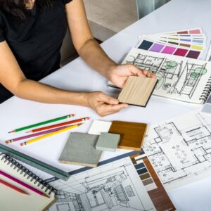 architect with materials and shop drawing 